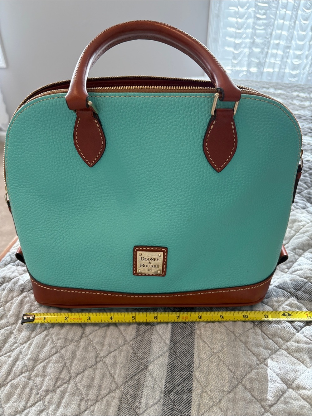 Dooney & Bourke Turquoise Leather Top-Handle Satchel with Brown Trim